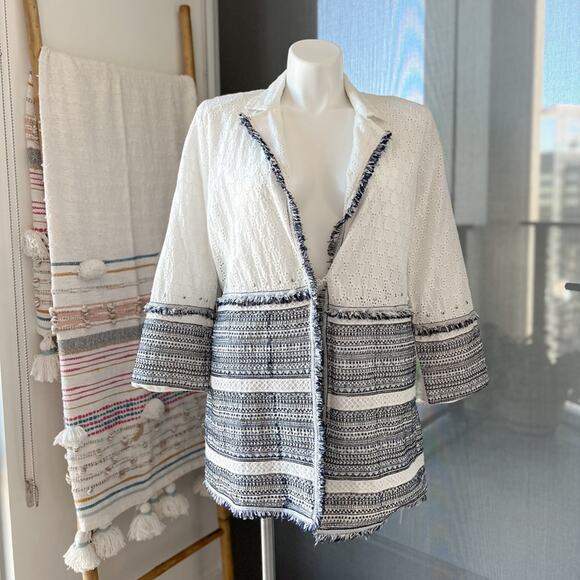 Chico's Jackets & Blazers - Chico’s White Blue Eyelet Linen Blend Embellished Lightweight Coat Women’s Large